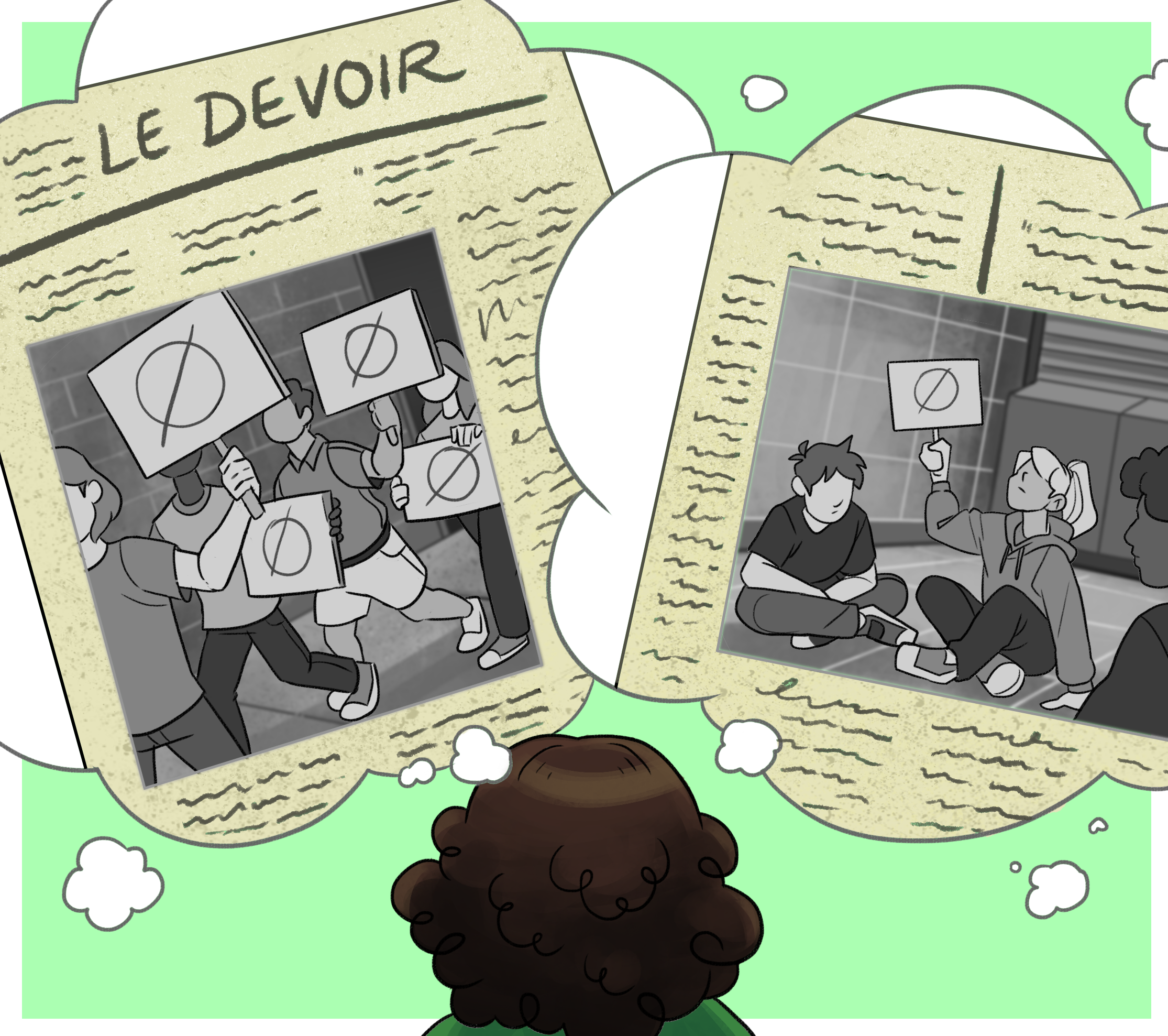 Illustration sur laquelle apparait une jeune fille qui pense à deux articles du journal Le Devoir.  