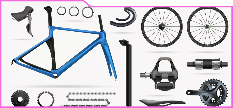 Photo des différentes pièces d’une bicyclette désassemblée.