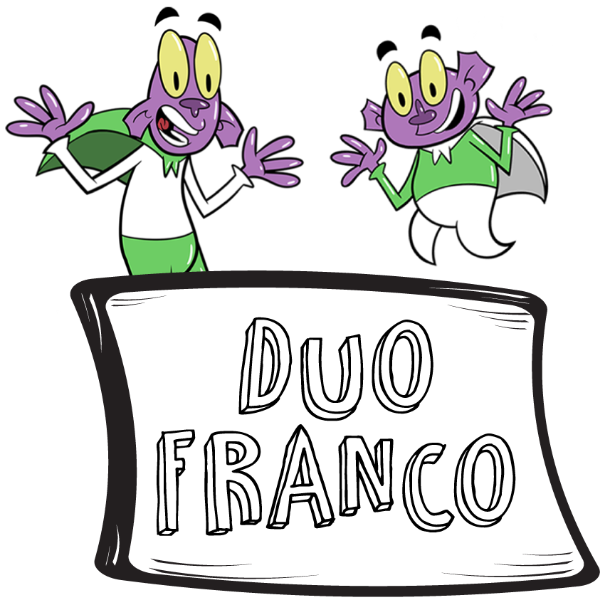 Titre: « Duo Franco ».       Illustration sur laquelle il y a deux extraterrestres mauves.  