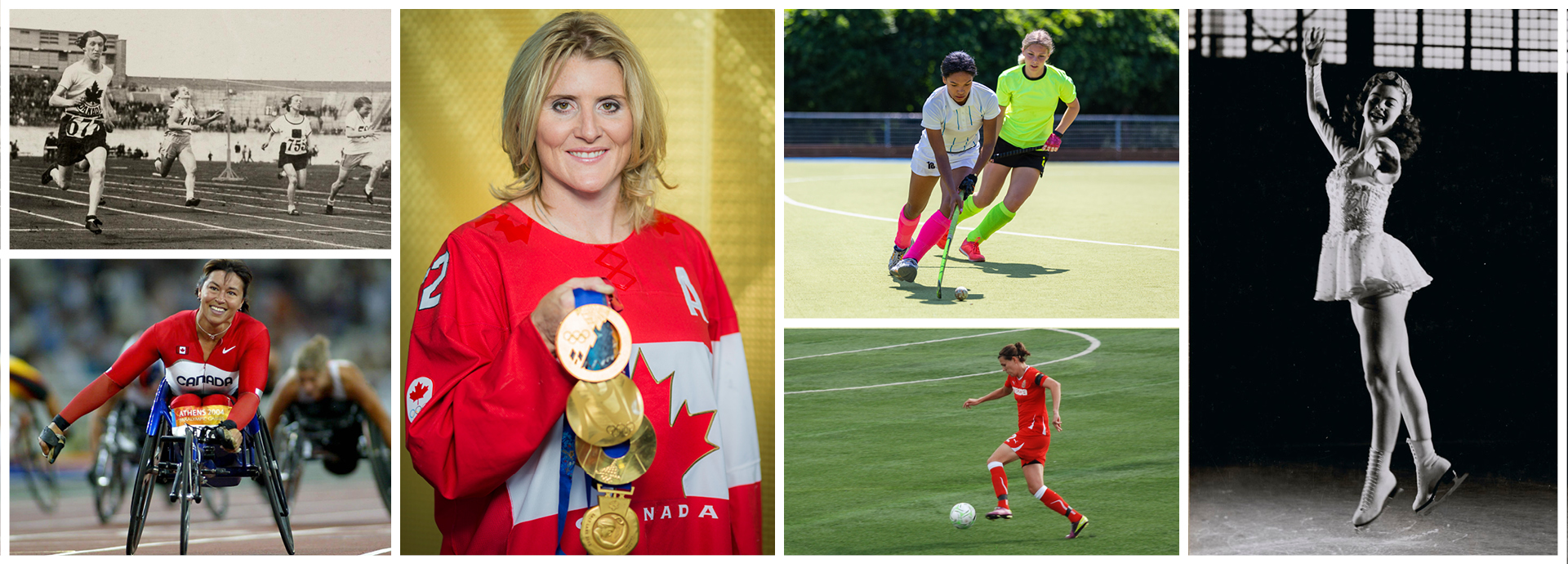 1) Photo de Fanny Rosenfeld. 2) Photo de Chantal Petitclerc.  3) Photo de Hayley Wickenheiser. 4) Photo de deux femmes jouant au hockey sur gazon.  5) Photo de Christine Sinclair.  6) Photo de Barbara Ann Scott,.