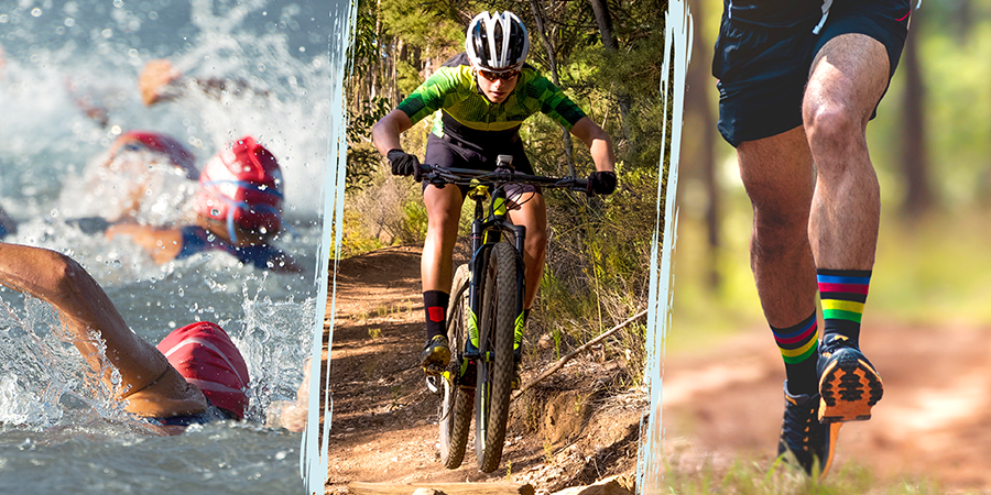 Photos de personnes pratiquant divers sports : de la natation, du vélo de montagne et du cross-country.  