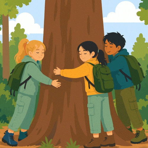 Illustration animée de trois enfants qui entourent de leurs bras le gros tronc d'un arbre en forêt.