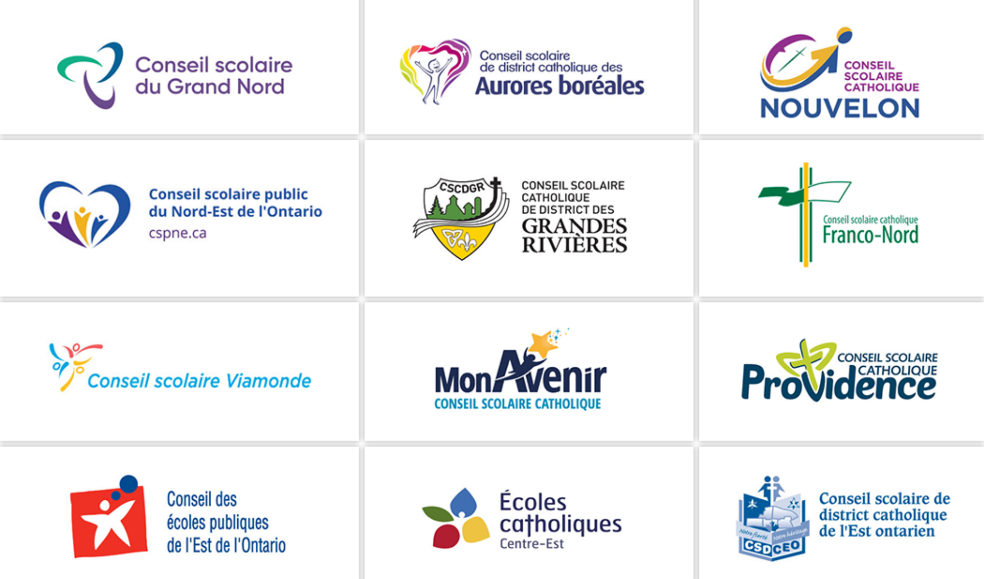 Illustration sur laquelle on peut voir les logos des 12 conseils scolaires de langue française de l’Ontario.  