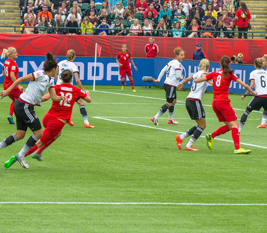 Photo d’une partie de soccer durant la Coupe du monde féminine de la Fifa. 