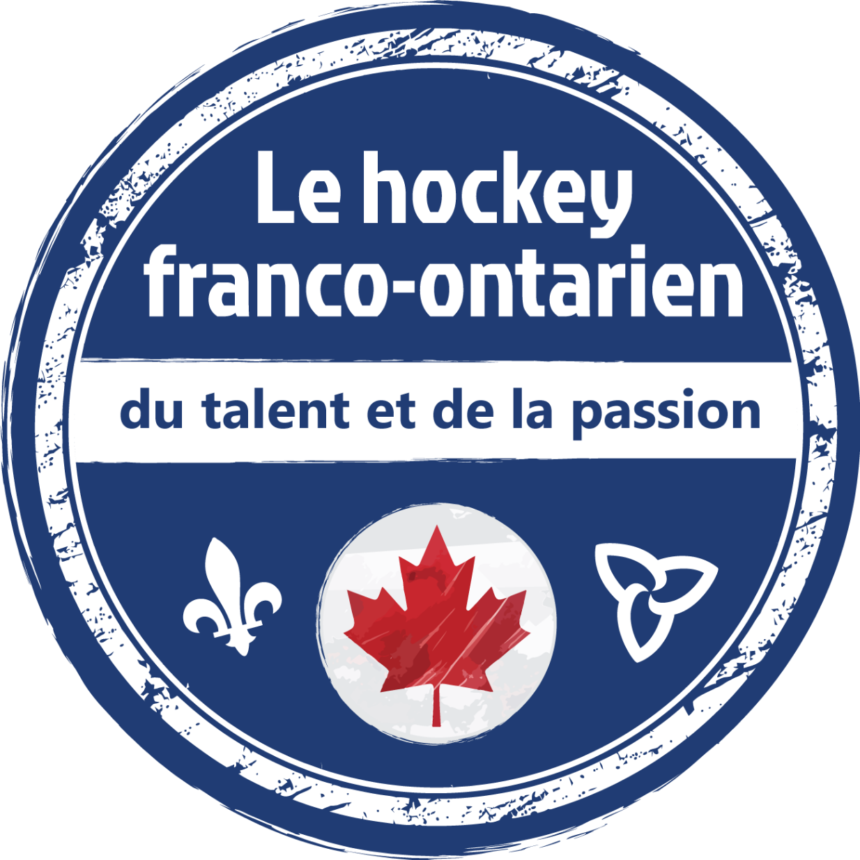 Titre : « Le hockey franco-ontarien : du talent et de la passion ».      Illustration d’une fleur de lys, d’une feuille d’érable et d’une fleur de trille.  