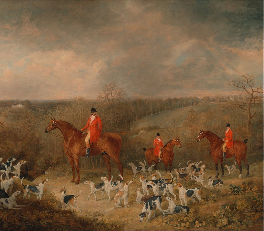 Illustration d’officiers britanniques à cheval et de chiens chassant ensemble dans la campagne.