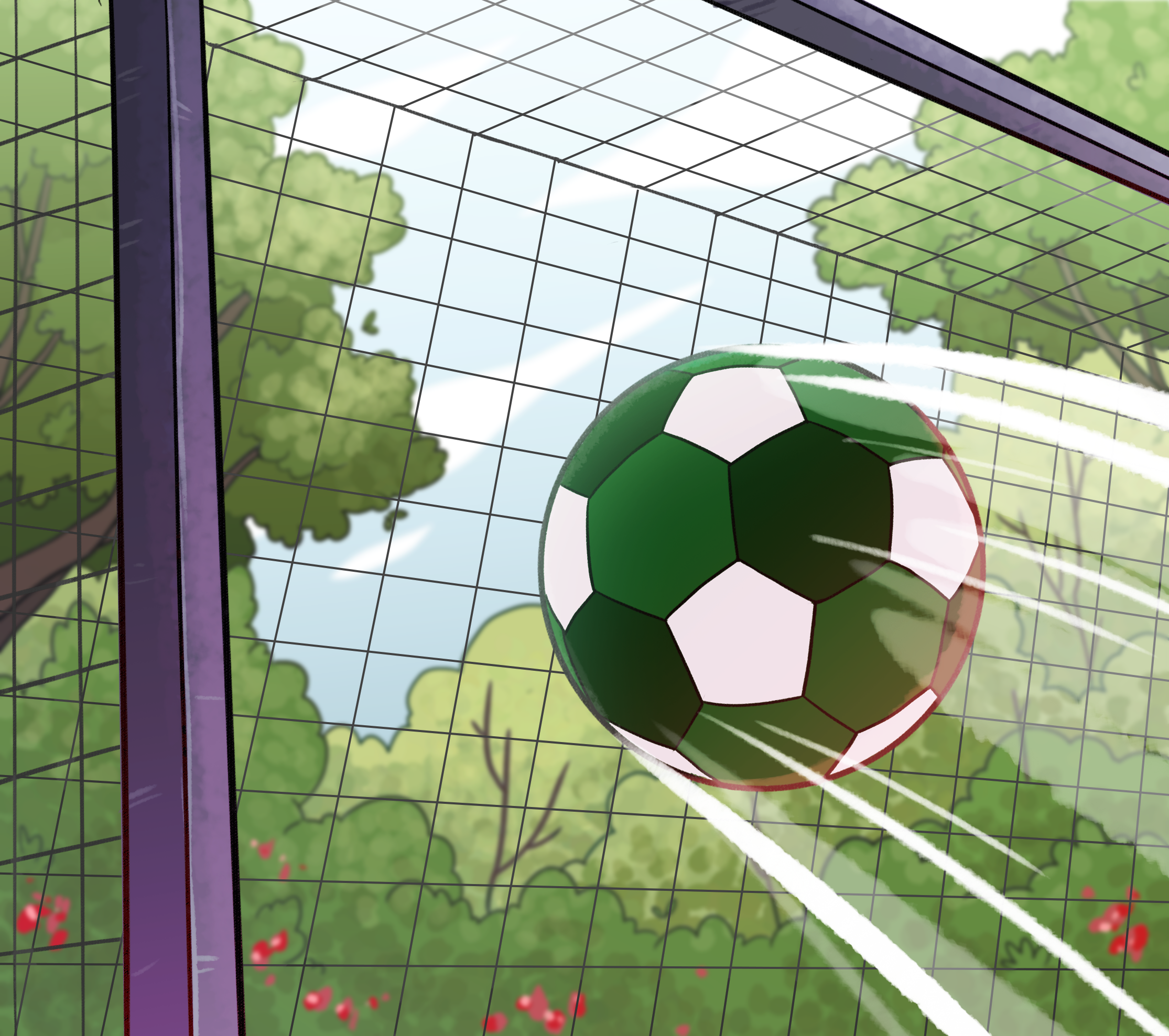 Illustration sur laquelle apparait un ballon de soccer qui rentre dans un but. 