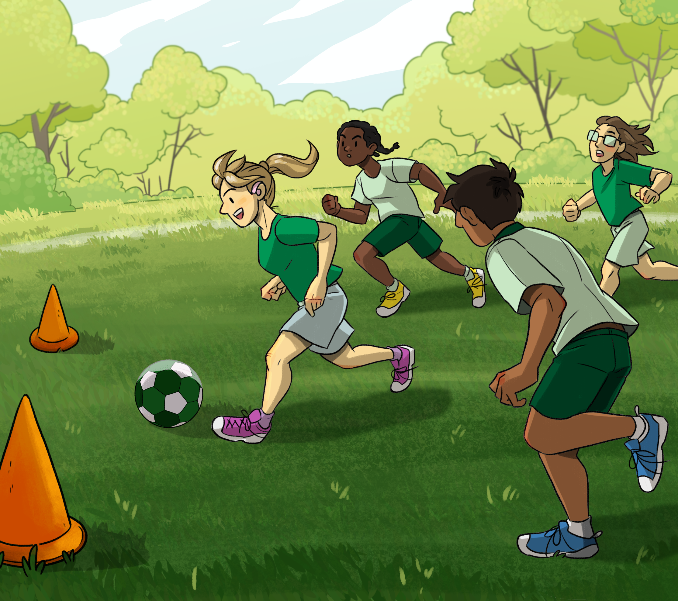 Illustration sur laquelle de jeunes gens jouent au soccer.  