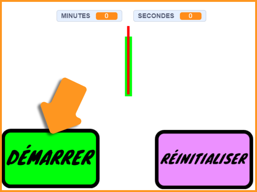 Illustration de deux boutons dans lesquels on peut lire « Démarrer » et « Réinitialiser ». Une flèche, à gauche, pointe sur le bouton « Démarrer ». 