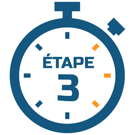 Illustration d’un chronomètre. À l’intérieur, on peut lire : « Étape 3 ». 