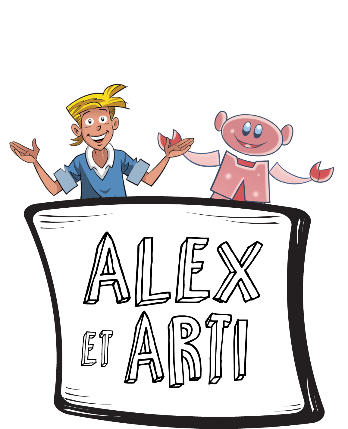 Titre : « Alex et Arti ».       Illustration sur laquelle apparaissent deux personnages: Alex, un jeune homme et Arti, un robot 