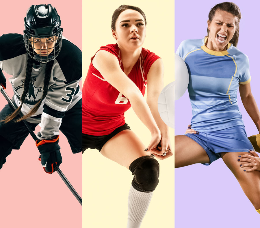 Photos d’une joueuse de hockey, d’une joueuse de soccer et d’une gymnaste.