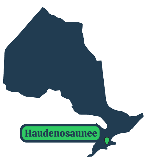 Illustration de la province de l’Ontario. Un indicateur géographique montre l’emplacement du peuple Haudenosaunee dans la province.  