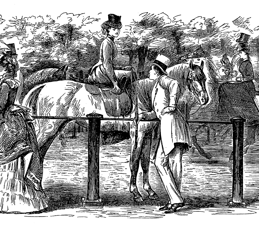 Illustration en noir et blanc d’une femme pratiquant l’équitation. Elle porte une robe victorienne. Un gentilhomme lui parle.