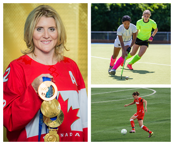 1) Photo de Hayley Wickenheiser. 2) Photo de deux femmes jouant au hockey sur gazon. 3) Photo de Christine Sinclair.