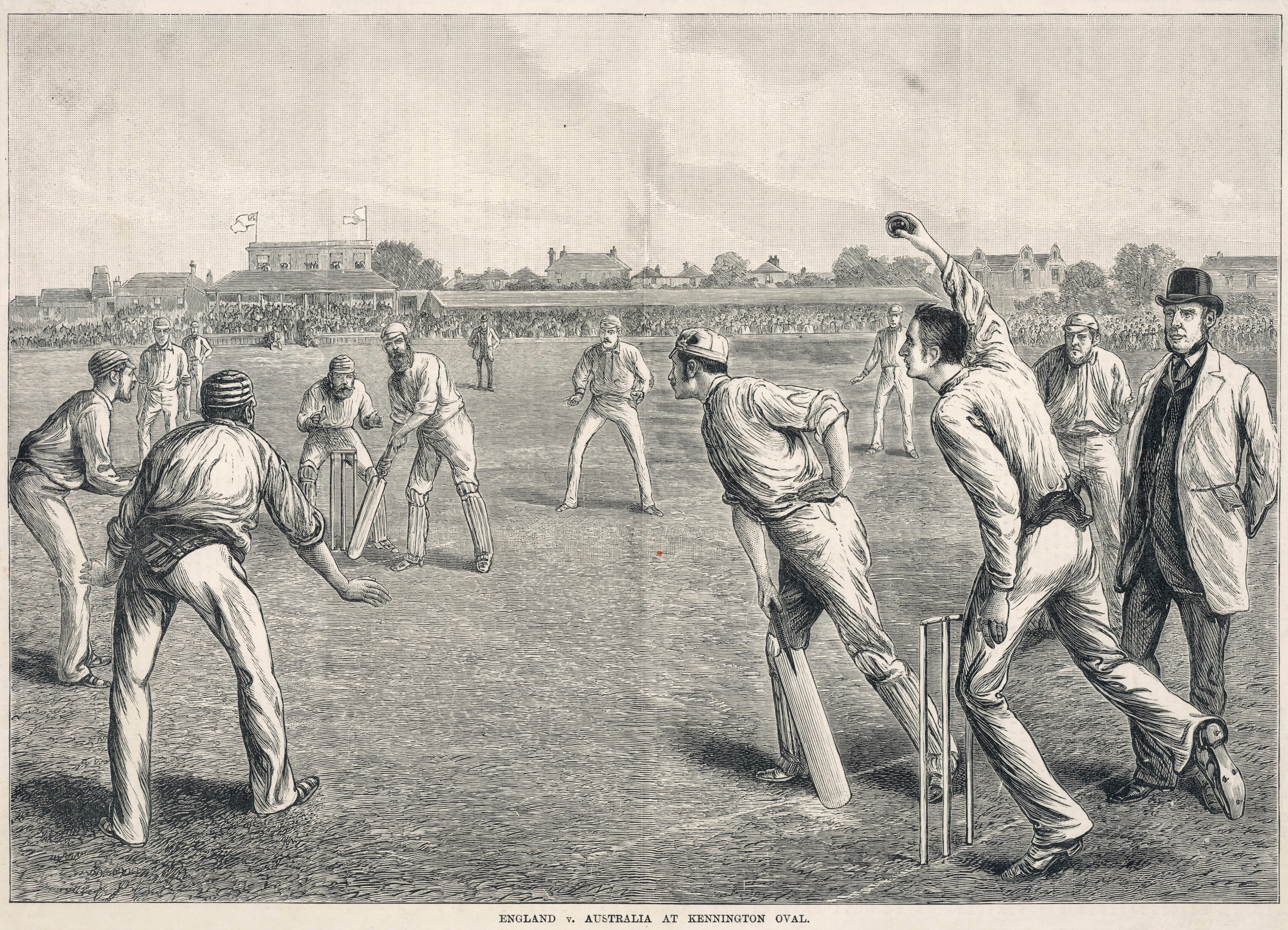 Illustration en noir et blanc d’un match de cricket.  