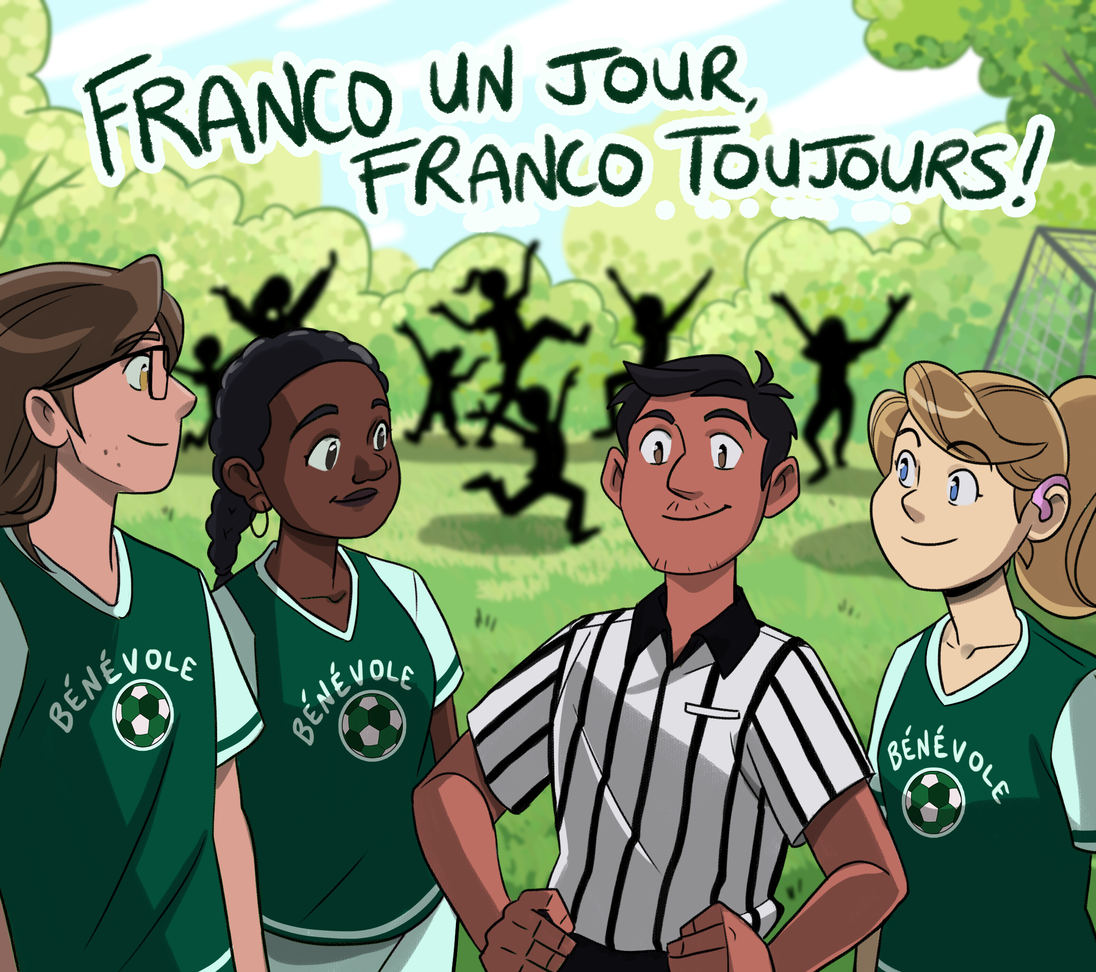 Illustration sur laquelle il y a trois adolescents en tenue de soccer et un arbitre.  