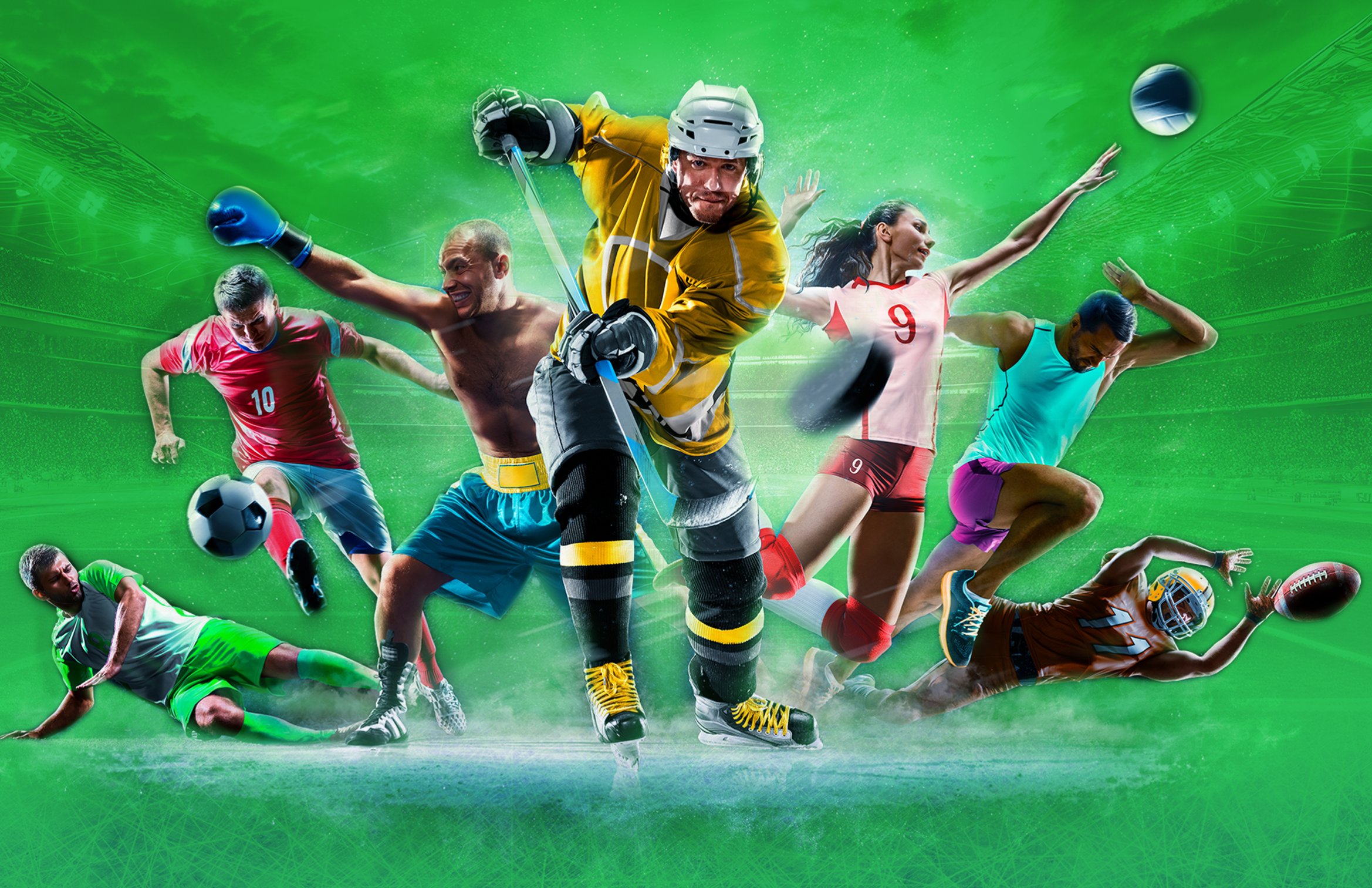 Photo de plusieurs athlètes pratiquant différents sports, tels que le hockey ou le soccer.  