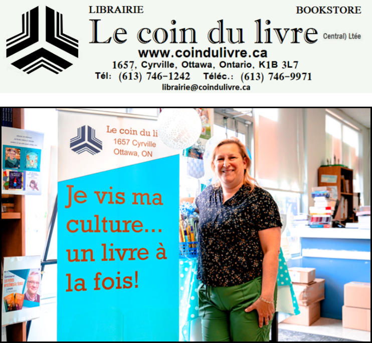 Photo d’une libraire. Sur un panneau à sa gauche, on peut voir le logo de la librairie Le coin du livre et lire « Je vis ma culture… un livre à la fois ». 