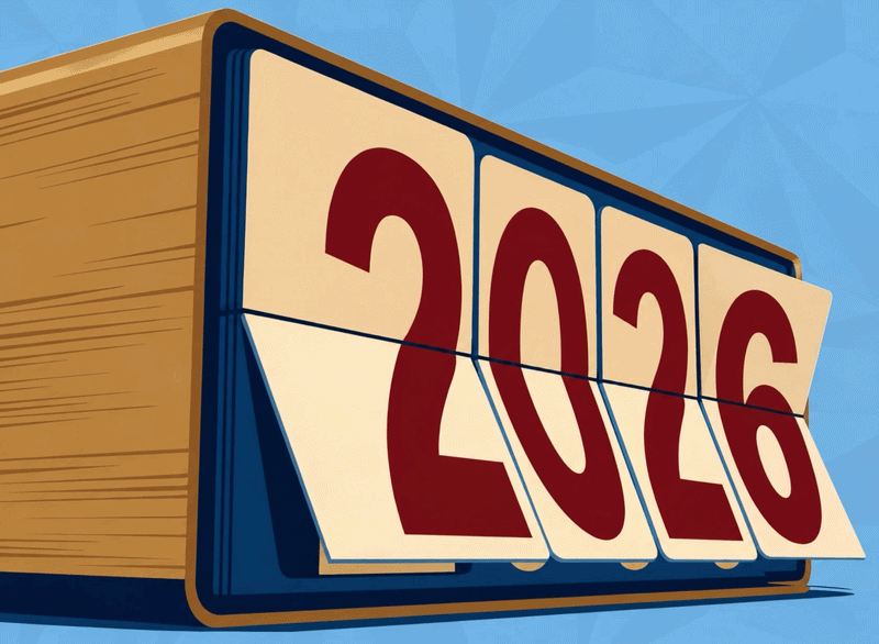 Un calendrier au style rétro affiche l’année 2026 en grands chiffres rouges, qui défilent rapidement jusqu’à l’année 2030 dans une animation joyeuse.