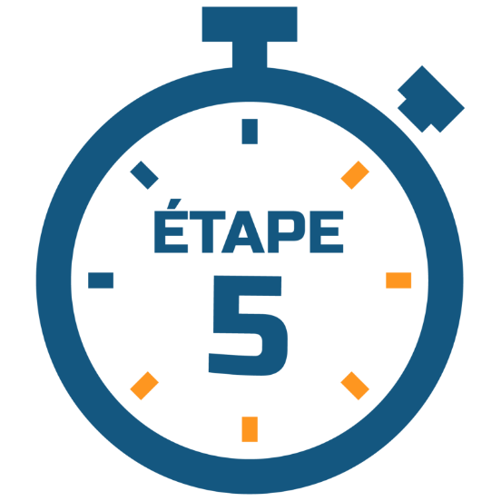 Illustration d’un chronomètre. À l’intérieur, on peut lire : « Étape 5 ». 