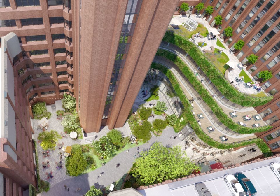 Aerial view of the courtyard and new extension with private terraces