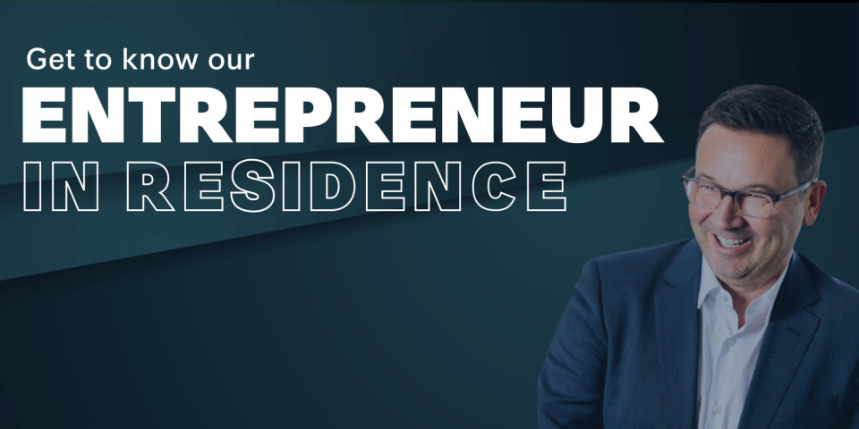 dark background with white text saying Entrepreneur in Residence with an image of Steve Franklin
