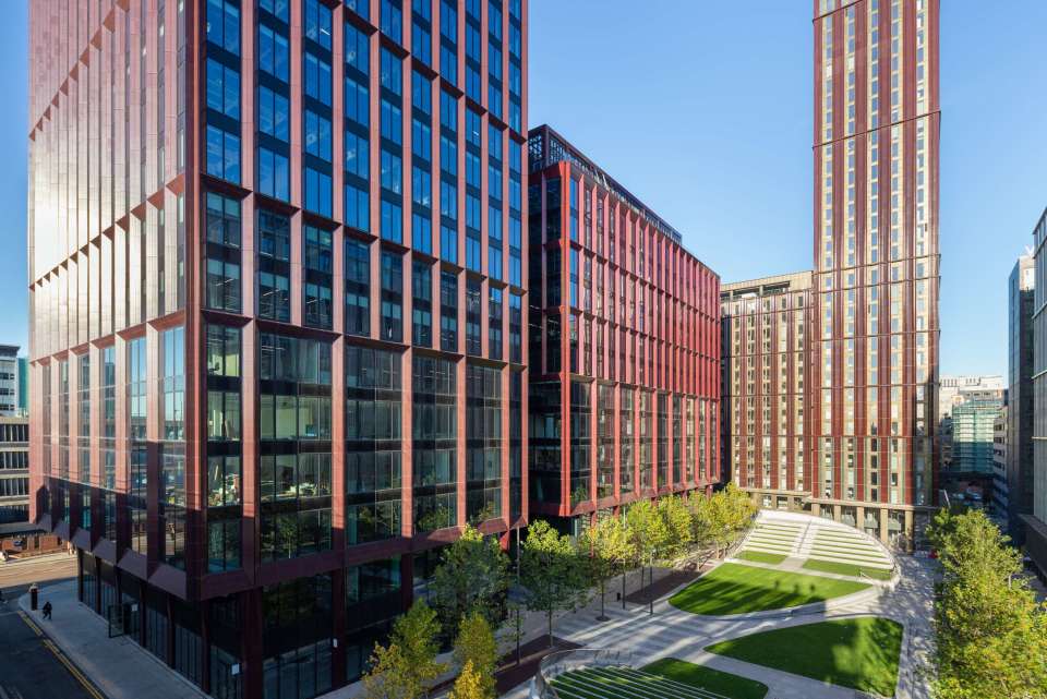 large office buildings and green park 