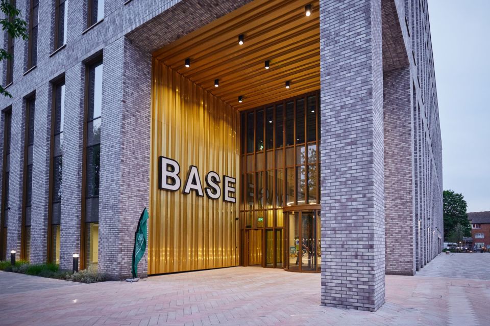 Entrance to Base with large BASE sign on exterior 