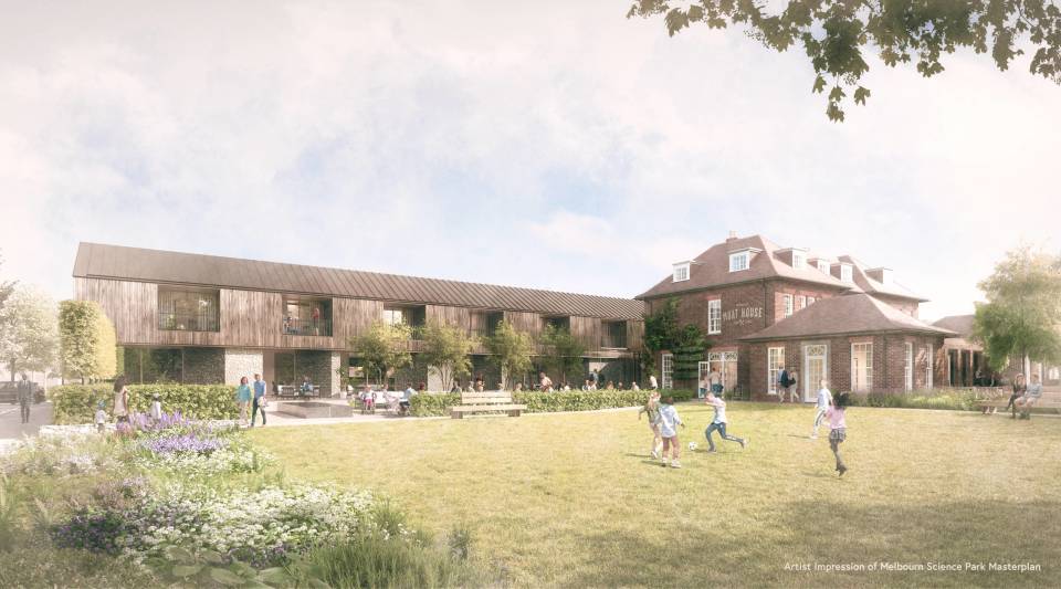 artists drawing of children playing on a village green outside gastro pub in cambridge