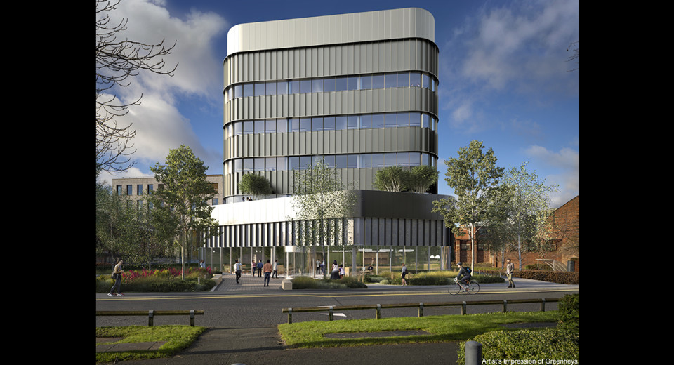 cgi image of large laboratory building with geenery