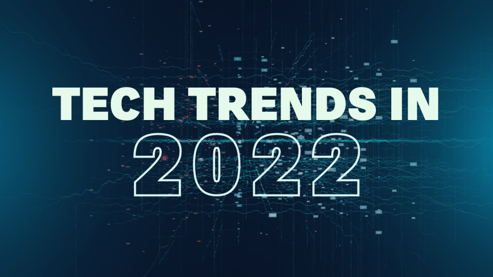 Technology background with tech trends 2022 written in the foreground