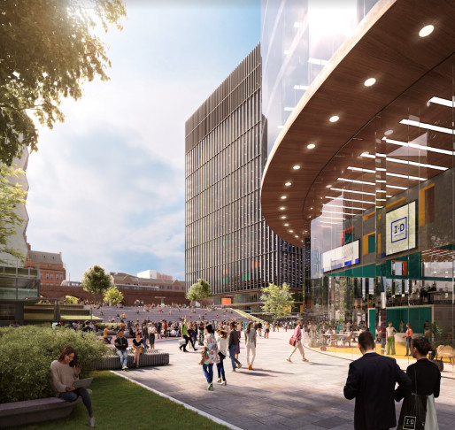 CGI of building exterior and a busy public square 