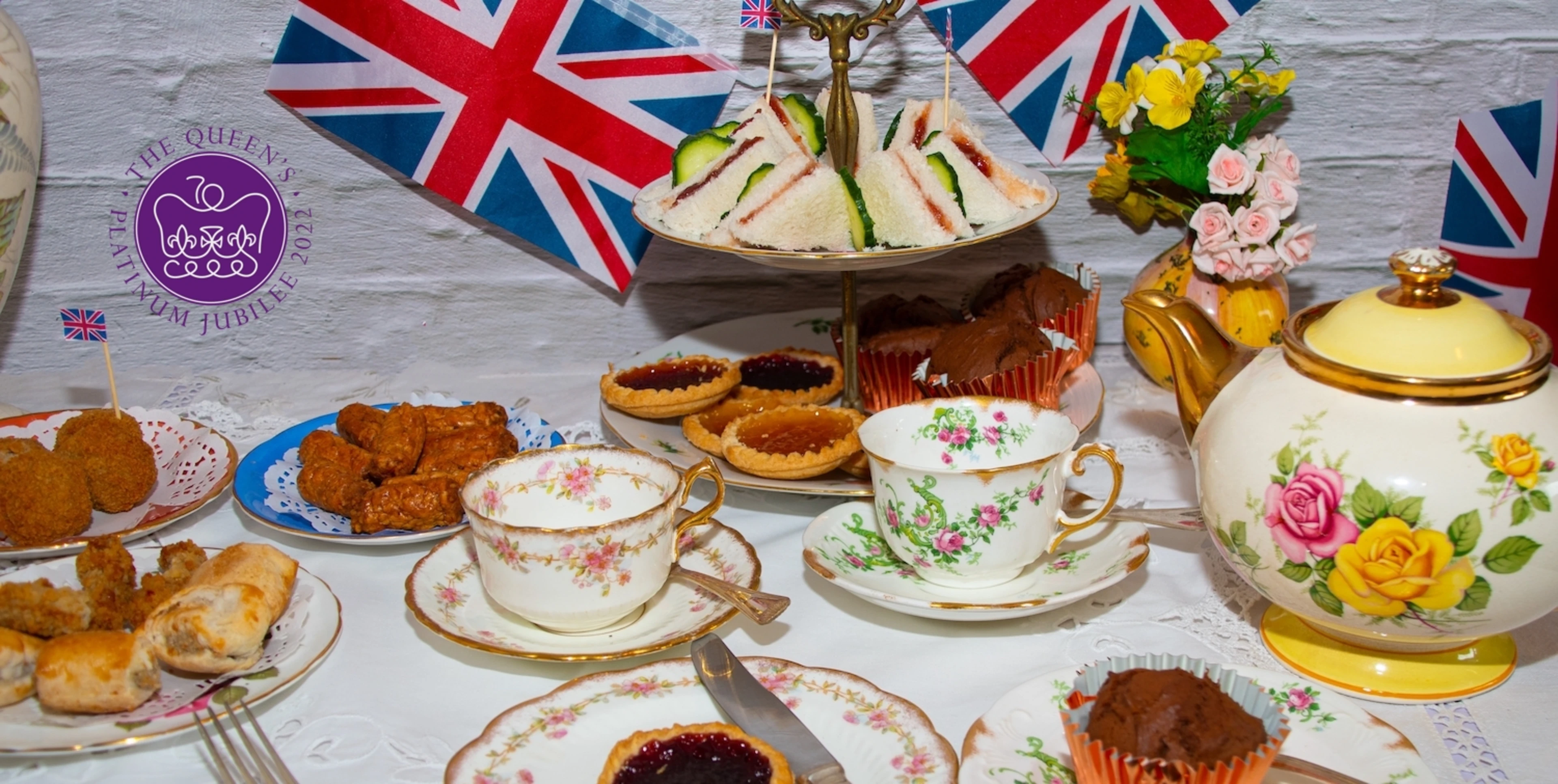 Cream tea on the table with bunting