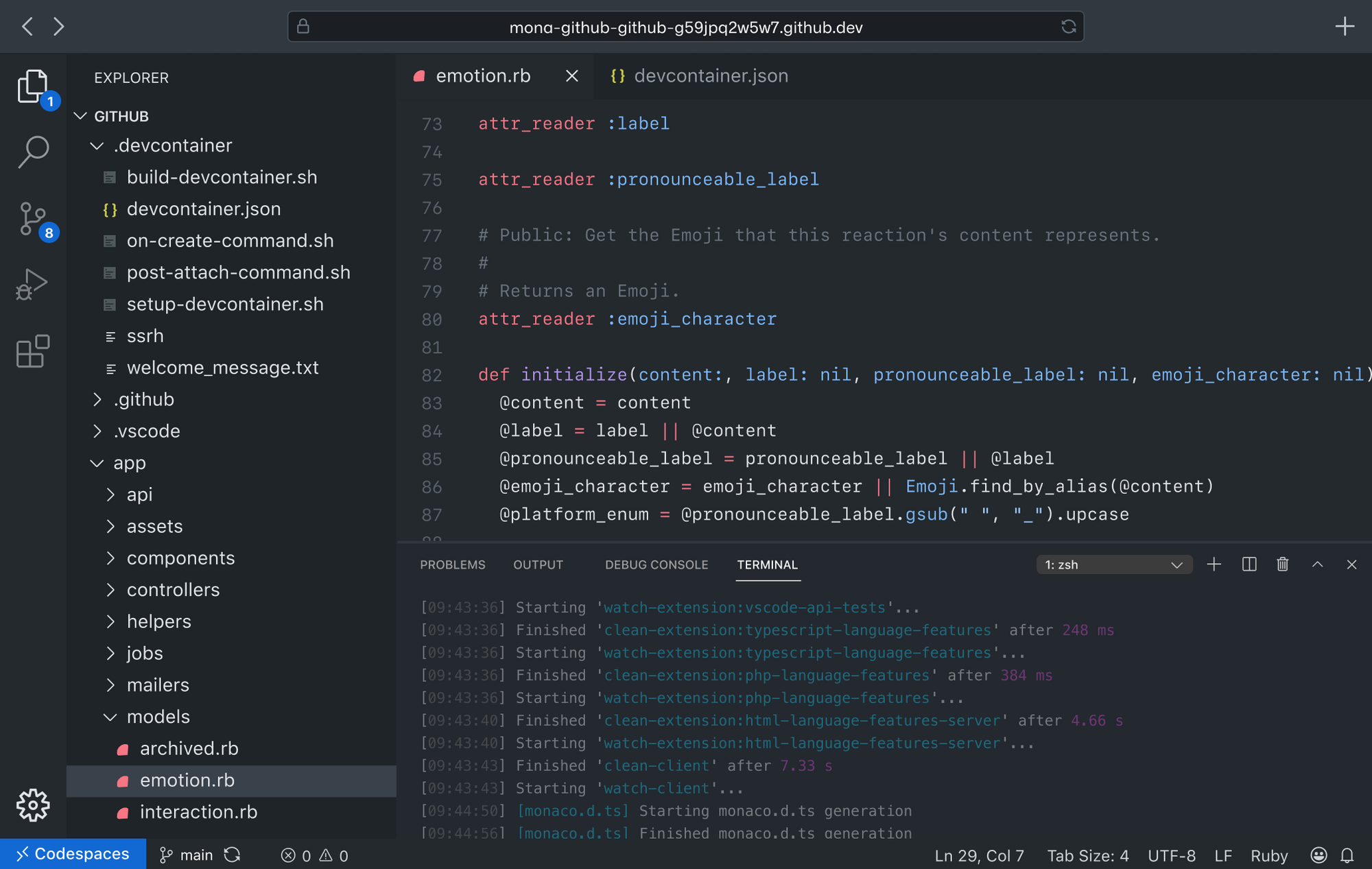 Une instance Codespace dans votre navigateur