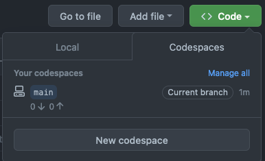 Interface Github pour créer un codespace