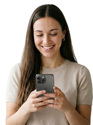 Hero image for Fast Personalized Matches VP card — woman looking at phone. Exported from Figma node 2156:12155.