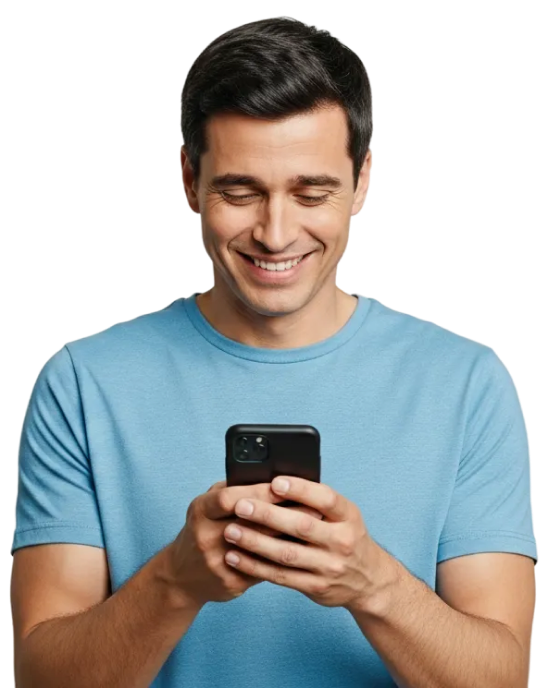 Hero image for Soft Check Only VP card — man looking at phone. Exported from Figma node 2156:12172.