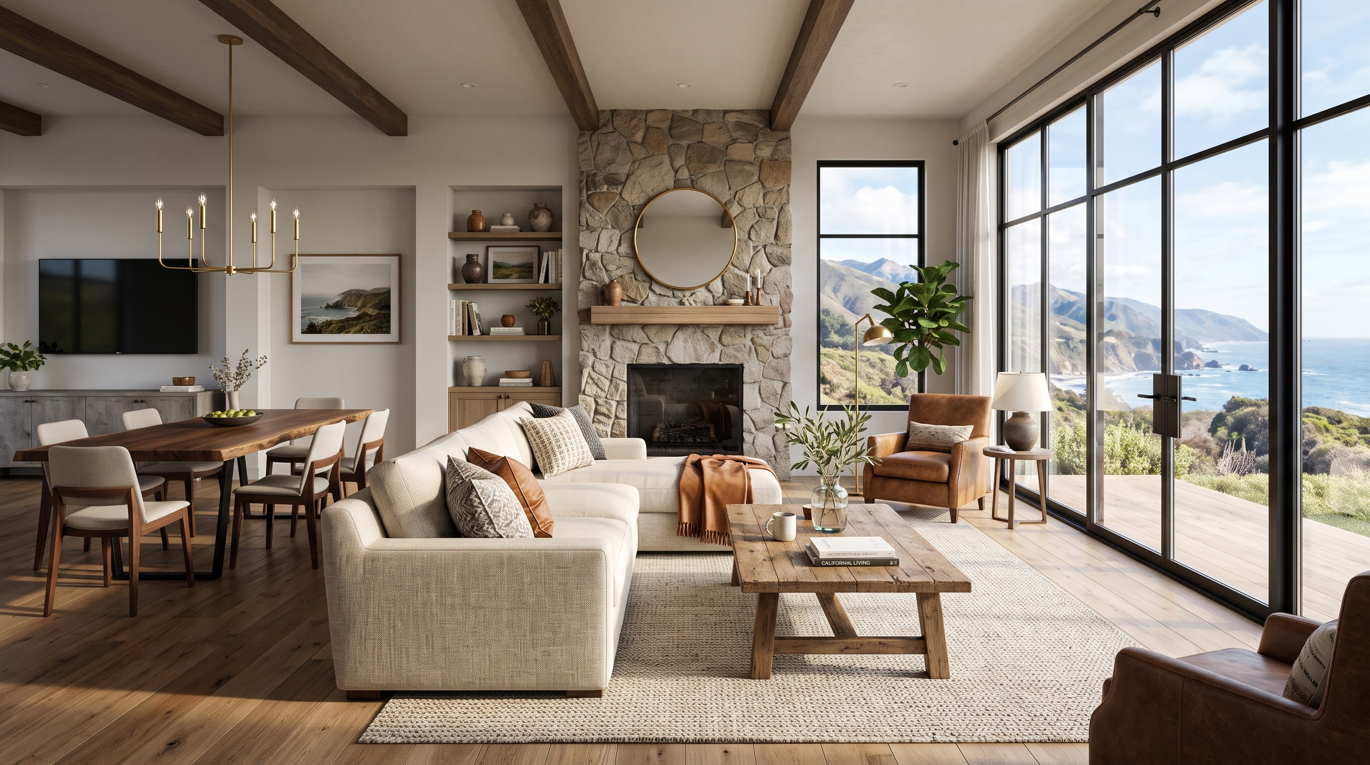 Beam-ceilinged great room anchored by a stone fireplace, opening onto panoramic ocean and mountain views.