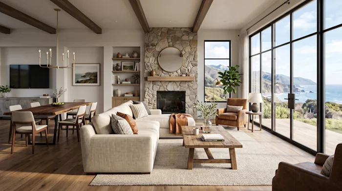 Beam-ceilinged great room anchored by a stone fireplace, opening onto panoramic ocean and mountain views.