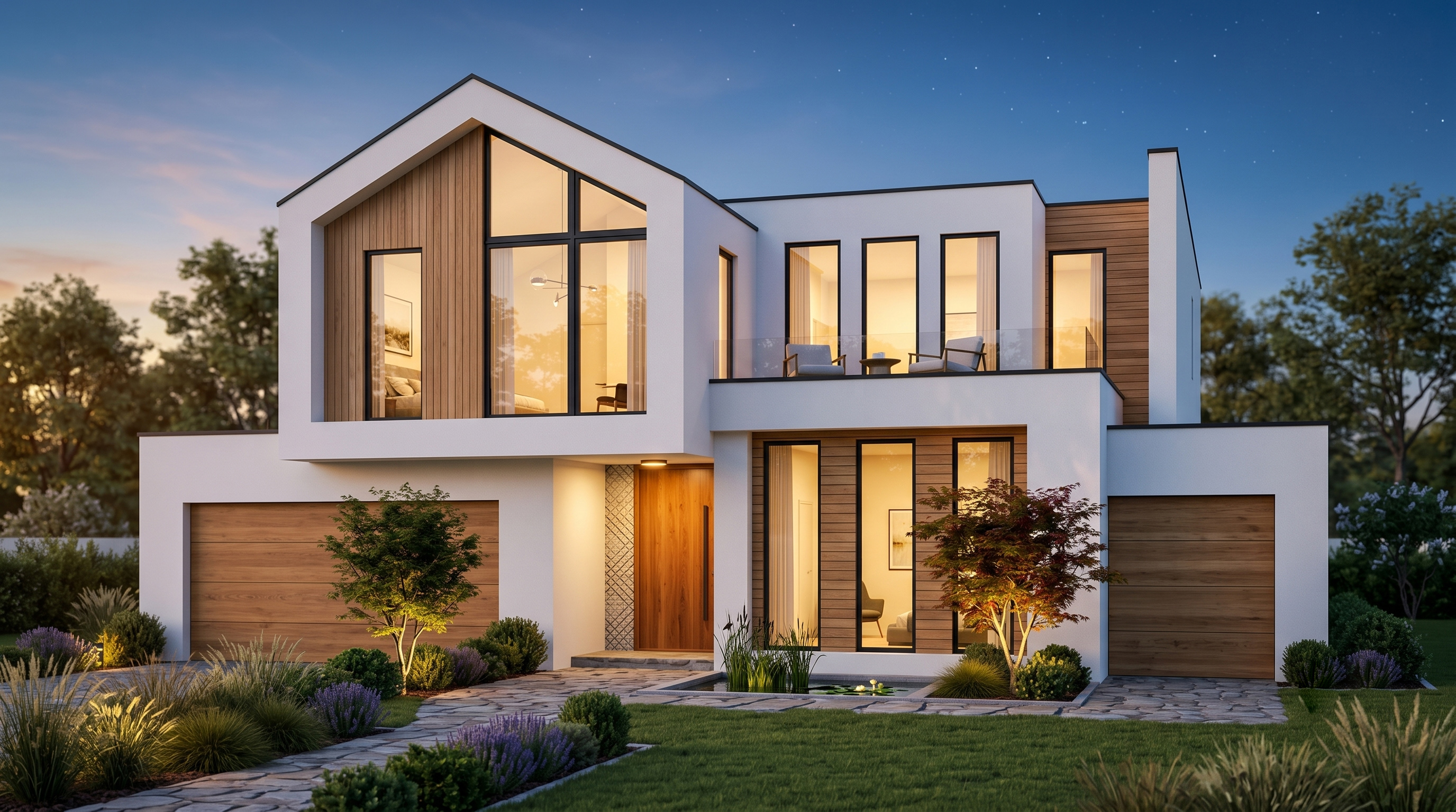 Barn-inspired timber-and-render home with a reflecting entry pool at twilight.