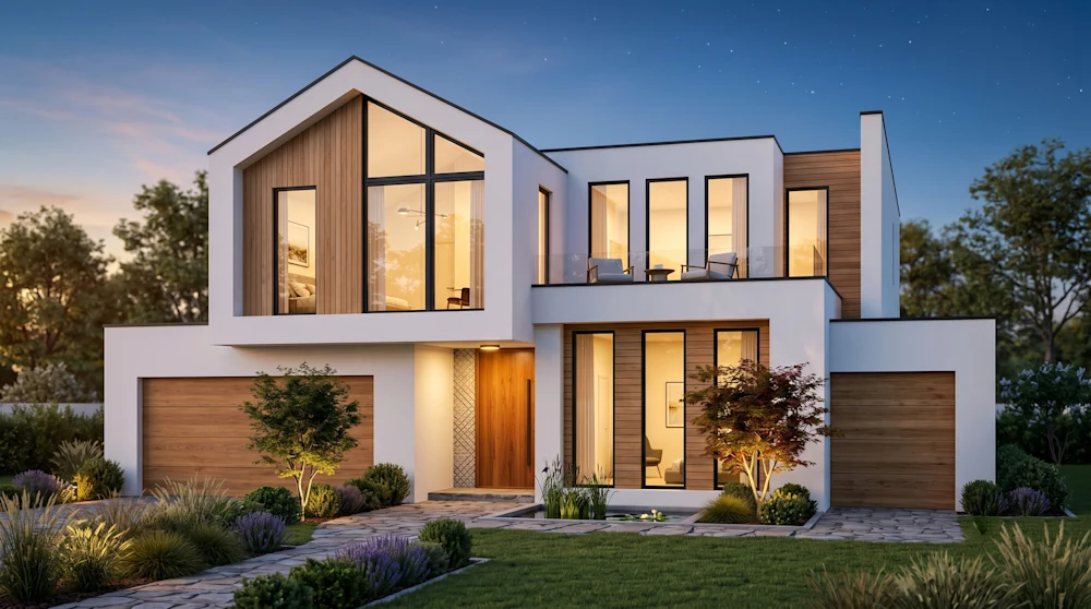 Barn-inspired timber-and-render home with a reflecting entry pool at twilight.