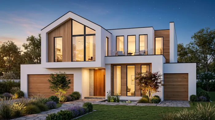 Barn-inspired timber-and-render home with a reflecting entry pool at twilight.