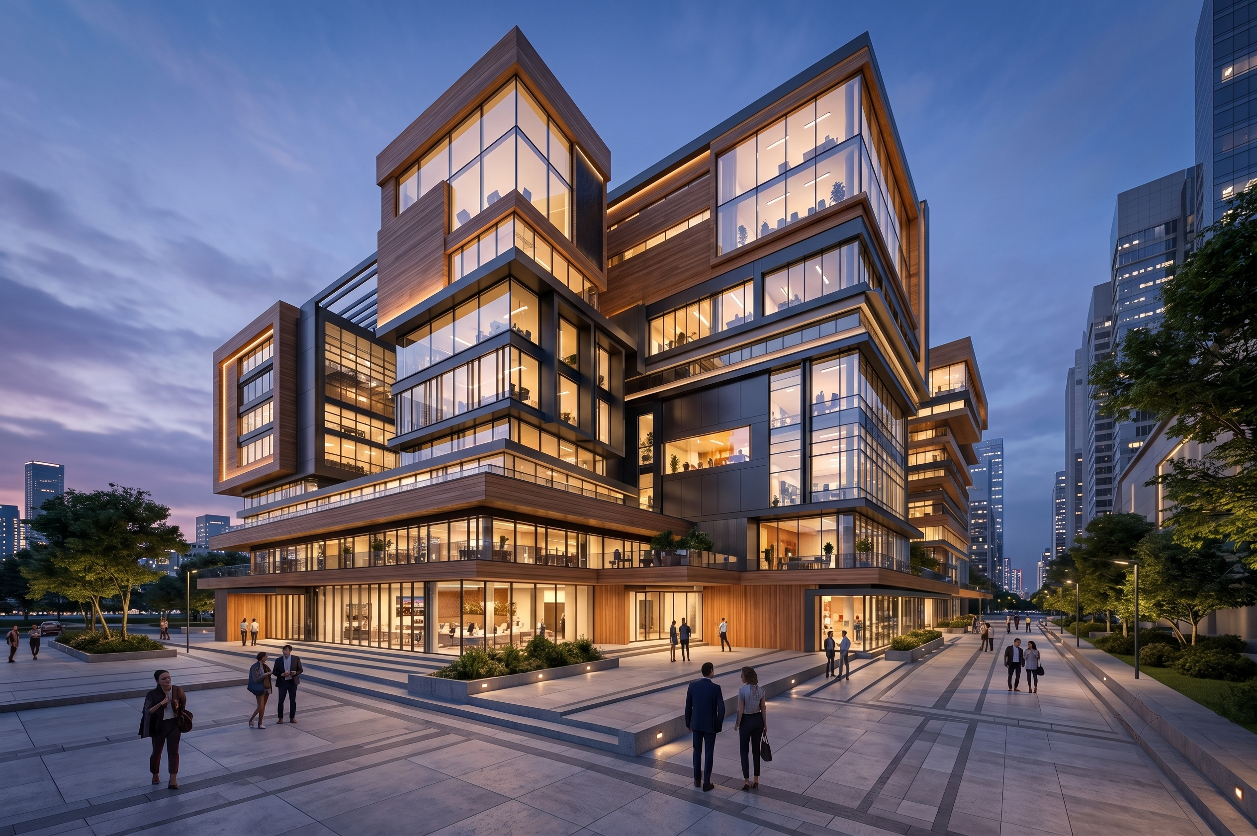 Modular wood-and-glass office building anchoring a landscaped civic plaza at dusk.