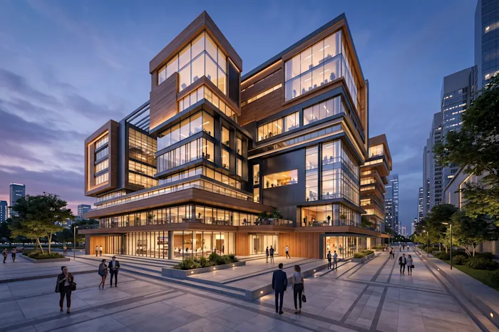 Modular wood-and-glass office building anchoring a landscaped civic plaza at dusk.