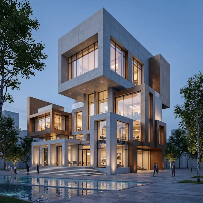 Sculptural concrete-and-glass corporate building with a reflecting pool and landscaped terraces.