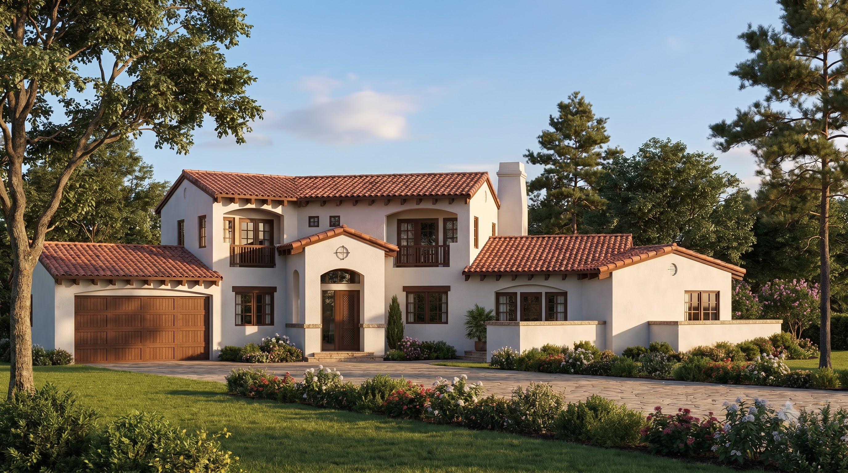 Stucco-and-terracotta villa with arched openings and a Mediterranean-inspired courtyard.