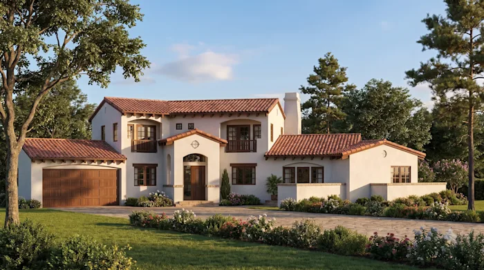 Stucco-and-terracotta villa with arched openings and a Mediterranean-inspired courtyard.