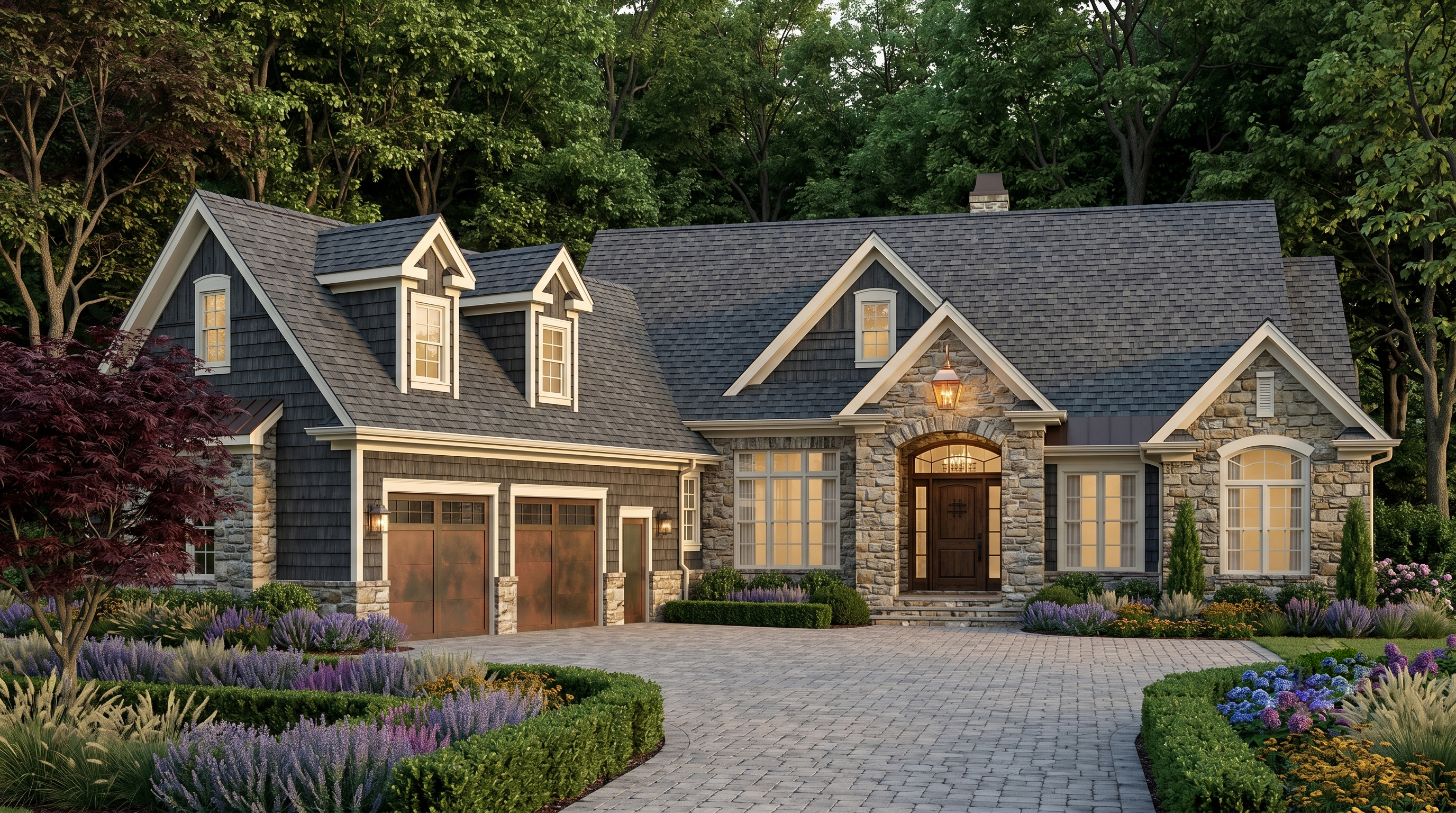 Shingle-and-stone craftsman home with a covered entry porch and lush seasonal landscaping.