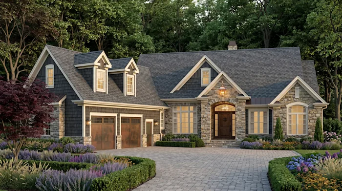 Shingle-and-stone craftsman home with a covered entry porch and lush seasonal landscaping.